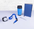 Blue Lanyard Neck Strap with Metal Lobster Clip, silver metal pen, blue metal thermo mug, notebook pape