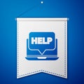 Blue Laptop and help icon isolated on blue background. Adjusting, service, setting, maintenance, repair, fixing. White Royalty Free Stock Photo