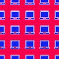 Blue Laptop icon isolated seamless pattern on red background. Computer notebook with empty screen sign. Vector