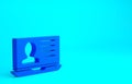 Blue Laptop with resume icon isolated on blue background. CV application. Searching professional staff. Analyzing Royalty Free Stock Photo