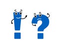 Blue Large question mark and exclamation mark. A dialogue between two Cartoon characters. Royalty Free Stock Photo