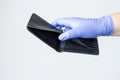 Blue latex gloved hand showing empty wallet. Concept Coronavirus Financial Crisis, covid-19