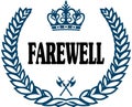 Blue laurels seal with FAREWELL text.