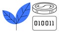 Digital currency concepts with leaf, binary code, and coin symbolizing sustainability and innovation Royalty Free Stock Photo