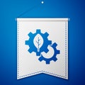 Blue Leaf plant ecology in gear machine icon isolated on blue background. Eco friendly technology. World Environment day Royalty Free Stock Photo