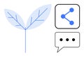 Growth and communication concept with a leaf, sharing icon, and speech bubble elements Royalty Free Stock Photo