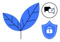 Blue leaf with security shield and communication checkmark symbolizing eco-friendly digital safety theme Royalty Free Stock Photo