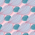 Blue leafs with pink contour seamless pattern. Abstract botanic print on light pink background