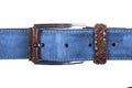 Blue leather belt with stitching isolated on white background. Men`s belt. Leather belt with metallic clasp. Clothes accessory. Tr Royalty Free Stock Photo