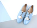 Blue leather lady flat shoes with lace top view empty backgroun Royalty Free Stock Photo