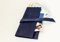 Blue leather purse isolated on white background with euro, passport and credit cards sticking out of it Royalty Free Stock Photo