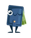 Blue leather wallet with cards and cash, mascot. Closed wallet. Pockets for credit cards and paper money. Flat  illustration Royalty Free Stock Photo