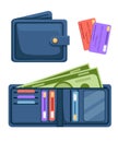 Blue leather wallet with cards and cash. Opened and closed wallet. Pockets for credit cards and paper money. Flat Royalty Free Stock Photo