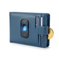 A blue leather wallet with a fingerprint reader on the front Royalty Free Stock Photo
