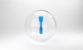 Blue Leather whip icon isolated on grey background. Fetish accessory. Sex toy for adult. Glass circle button. 3D render