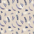 Blue leaves and brach seamless pattern. Watercolor botanical illustration. Royalty Free Stock Photo