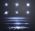 Blue lensflares set. Light flash with rays or blue spotlight. Glow flare light effect. Vector illustration. Isolated on Royalty Free Stock Photo