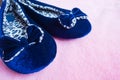 Home women`s or children`s clothing. Blue leopard slippers with a bow on a fluffy pink carpet. Selective focus. Space for text Royalty Free Stock Photo