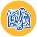 Blue lettering doodle icon - book with text back to school  on yellow background Royalty Free Stock Photo