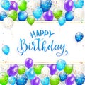 Blue lettering Happy Birthday with balloons and streamers