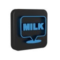 Blue Lettering milk icon isolated on transparent background. Hand written design for label, brand, badge. Black square