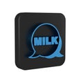 Blue Lettering milk icon isolated on transparent background. Hand written design for label, brand, badge. Black square