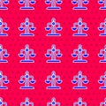 Blue Libra zodiac sign icon isolated seamless pattern on red background. Astrological horoscope collection. Vector Royalty Free Stock Photo