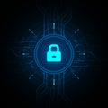 Blue light data lock icon and circle HUD digital screen on dark background illustration, cyber security technology concept. Royalty Free Stock Photo