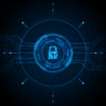 Blue light data lock icon and circle HUD digital screen on dark background illustration, cyber security technology concept. Royalty Free Stock Photo
