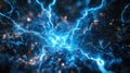 Blue light energy in abstract dark space, electric impulses or plasma background, macro view of neural network. Concept of AI