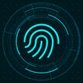 Blue light fingerprint icon and circle HUD digital screen on dark background illustration, cyber security technology concept. Royalty Free Stock Photo