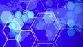 Blue light glowing hexagon touch screen in space with blue world background Royalty Free Stock Photo
