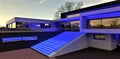 Blue light for illumination of the elite country dwelling facade and concrete stairs at night time. Big mirror windows reflect the Royalty Free Stock Photo