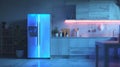 A blue light shining on a refrigerator in the kitchen, AI Royalty Free Stock Photo