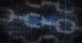 Blue light trails, data processing and security chain icon against black background Royalty Free Stock Photo