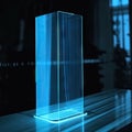 Blue light in vertical glass box. Future technologies concept