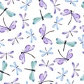 Blue and lilac dragonfly seamless pattern. Watercolor.
