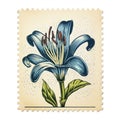 Blue Lily On Postage Stamp: Mid-century American Romanticism Illustration Royalty Free Stock Photo