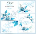 Blue lily Watercolor flower blossom card set Vector. Vintage greeting poster, wedding invitation, thank you postcard. Summer flora