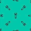 Blue line Adjustable wrench icon isolated seamless pattern on green background. Vector Royalty Free Stock Photo