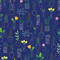 Blue Line art plants and flowers in pots and vases seamless vector background. Colorful line art design with colorful Royalty Free Stock Photo