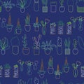 Blue Line art plants, herbs, and flowers in pots and vases seamless vector background. Colorful line art design with Royalty Free Stock Photo