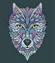 Blue line-art wolf head. Adult coloring page with decorative wolf mascot.