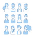 Blue line avatars. Various male and female characters anonymous funny faces for internet profile vector collection