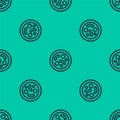 Blue line Bacteria icon isolated seamless pattern on green background. Bacteria and germs, microorganism disease causing