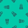 Blue line Badminton shuttlecock icon isolated seamless pattern on green background. Sport equipment. Vector Royalty Free Stock Photo