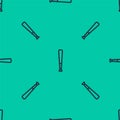 Blue line Baseball bat icon isolated seamless pattern on green background. Sport equipment. Vector Royalty Free Stock Photo