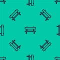 Blue line Bench icon isolated seamless pattern on green background. Vector Illustration