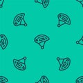 Blue line Bicycle helmet icon isolated seamless pattern on green background. Extreme sport. Sport equipment. Vector Royalty Free Stock Photo