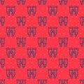 Blue line Binoculars icon isolated seamless pattern on red background. Find software sign. Spy equipment symbol. Vector